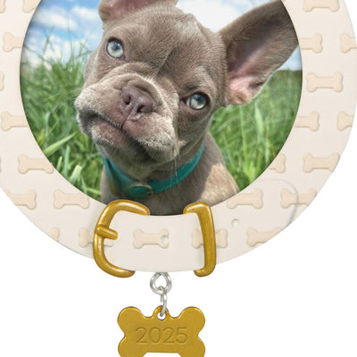Dog photo frame ornament with bone-shaped charm and collar design, year-dated 2025 for pet’s first Christmas keepsake

