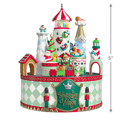 Musical Christmas village ornament with Santa, characters, spinning train, lights, and holiday carols, battery operated

