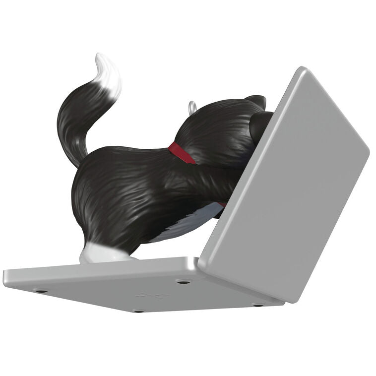 Hallmark Keepsake ornament of black-and-white tuxedo kitten playing with laptop showing colorful fish, Mischievous Kittens series