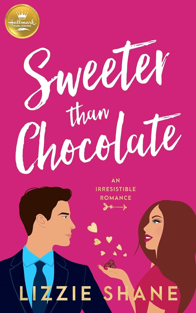 Cover of the book “Sweeter Than Chocolate” by Lizzie Shane featuring illustrated characters and pink background.