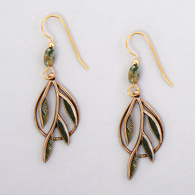 Gold-tone open teardrop earrings with green branch and green barrel bead accent.
