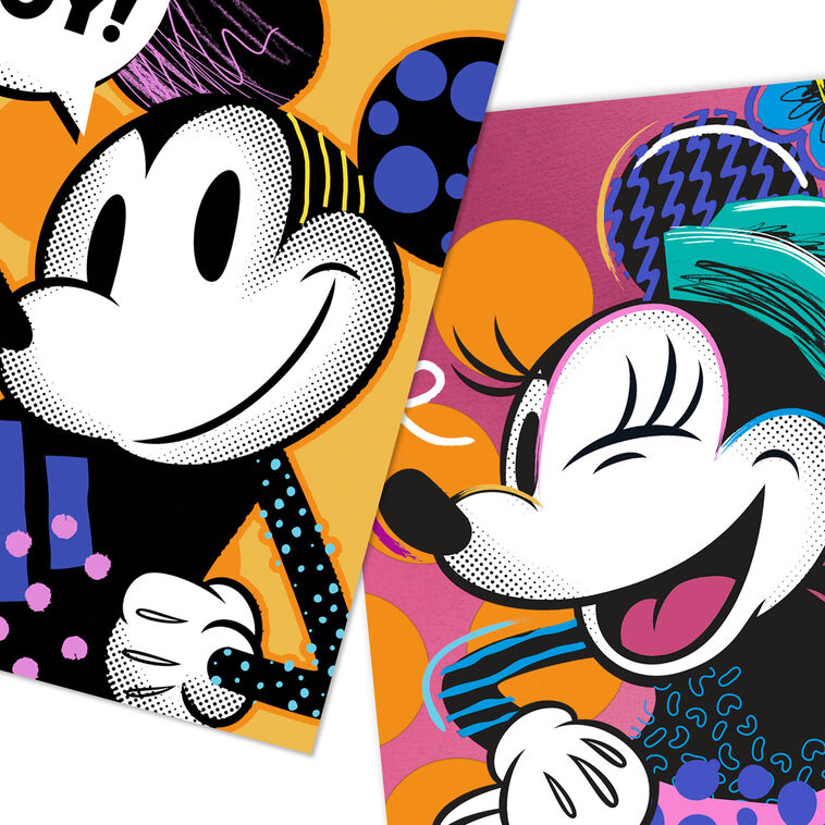 Disney Mickey Mouse and Minnie Mouse blank notes set with black and white pop art, colorful accents, and polka dot backgrounds, pack of 12