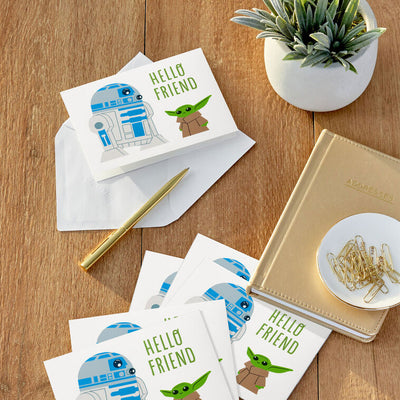 Hallmark Star Wars note cards featuring R2-D2 and Grogu with “Hello Friend” text on a white background, boxed set of 10 with envelopes.
