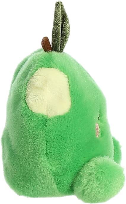 Green plush apple with a bite taken out and a stitched smile.