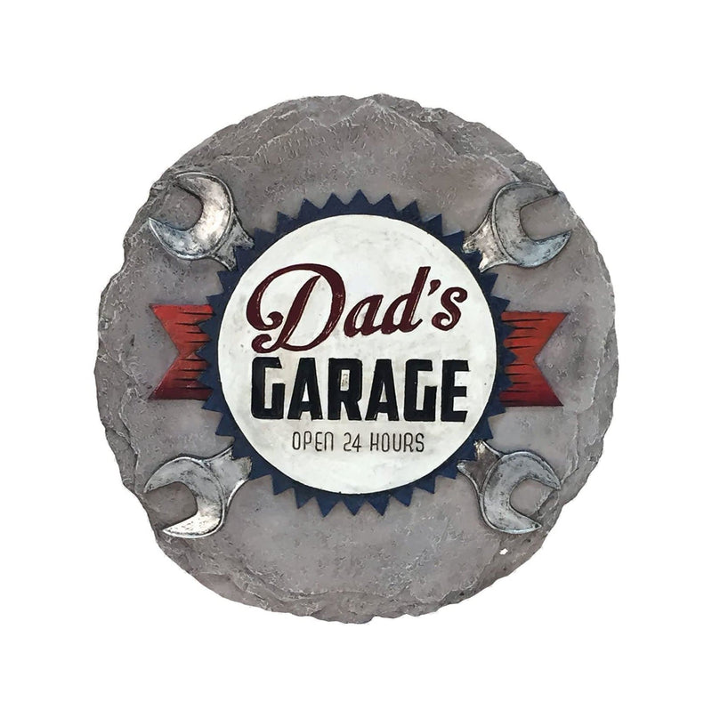 Spoontiques Dad’s Garage Stepping Stone, round garage-themed garden stone with sculpted details, perfect for indoor or outdoor décor.