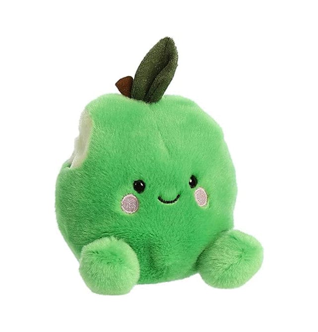 Green plush apple with a bite taken out and a stitched smile.