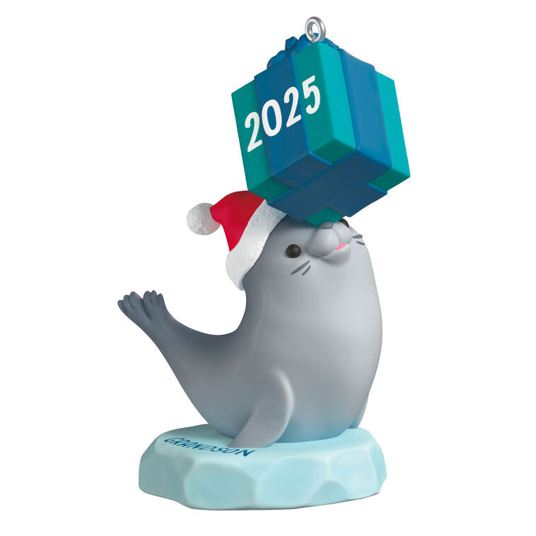 Gray seal ornament in Santa hat balancing gift on nose, sitting on iceberg, year-dated 2025 for grandson Christmas gift

