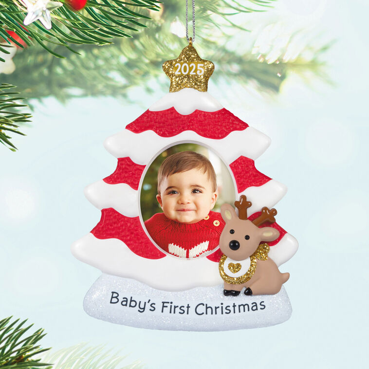 Red and white glittered Christmas tree photo frame ornament with 2025 star topper, baby’s photo slot, and reindeer calf accent.