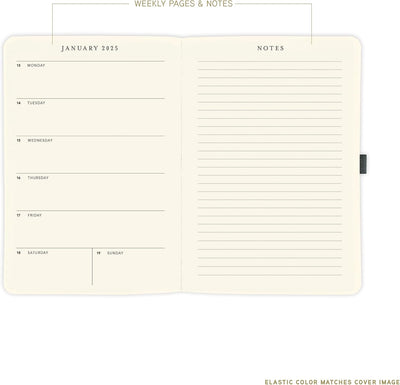 Graphique sage green vegan leather planner with elastic closure, 6 x 8 size, and Peanuts Typewriter design on the cover.

