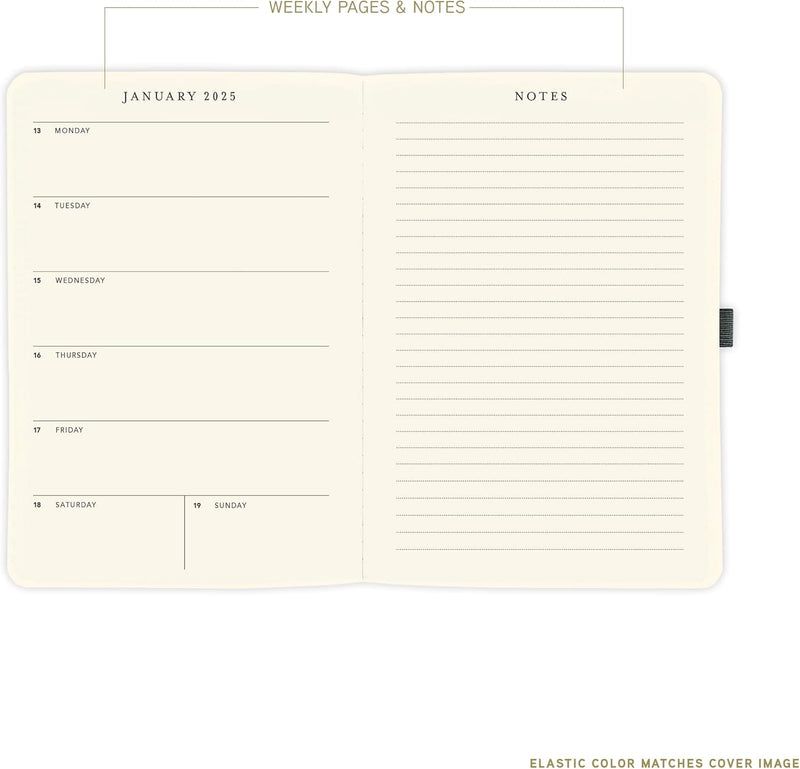 Graphique sage green vegan leather planner with elastic closure, 6 x 8 size, and Peanuts Typewriter design on the cover.

