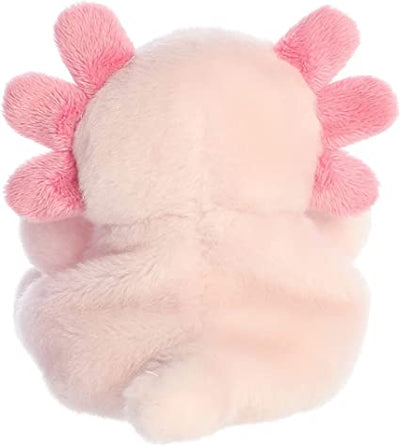 Pink plush axolotl with feathery gills and black eyes