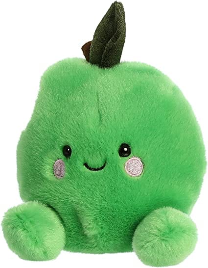 Green plush apple with a bite taken out and a stitched smile.