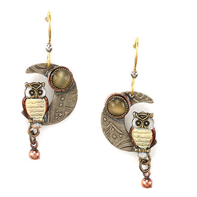 Tri-tone drop earrings with owl on crescent moon and tiger's eye stone accent.
