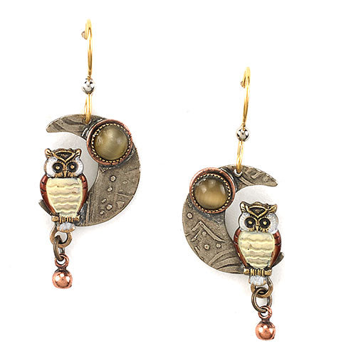 Tri-tone drop earrings with owl on crescent moon and tiger&