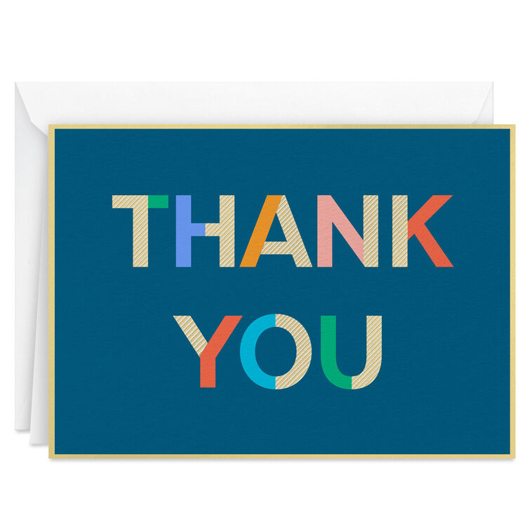 Colorblock thank-you cards with multicolor lettering on navy blue background and gold foil accents.
