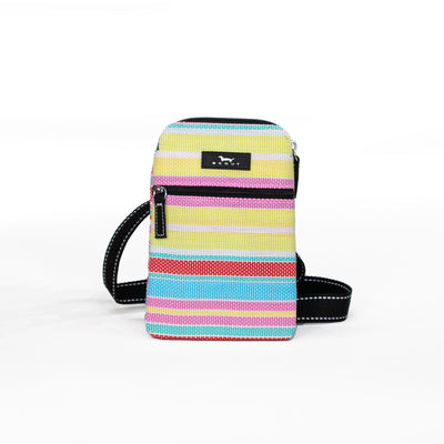 SCOUT Poly Pocket crossbody in One in a Melon print with two zippers, breathable fabric, and adjustable strap for everyday essentials.