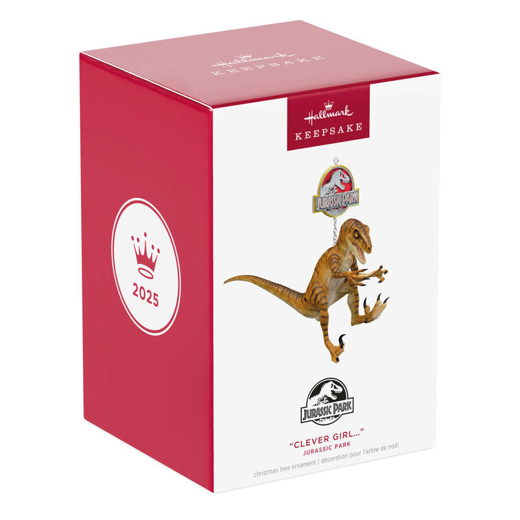 Jurassic Park ornament, Velociraptor mid-leap, “Clever Girl” scene, Hallmark Keepsake, Christmas tree decoration, dinosaur collectible.
