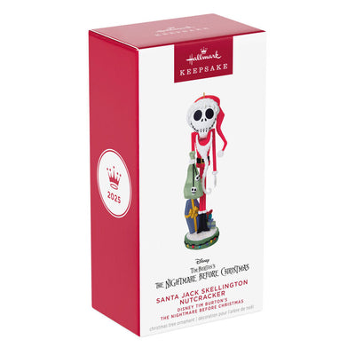 Santa Jack Skellington nutcracker ornament in red suit with moving mouth from The Nightmare Before Christmas.

