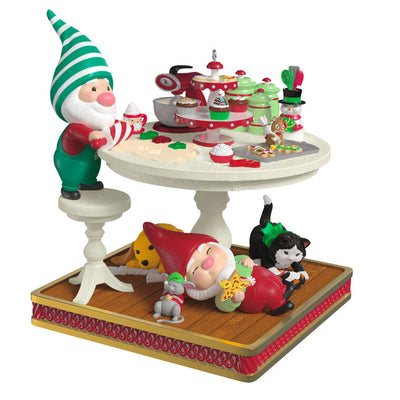 Gnome rolls cookie dough on baking table with hamster and tools, while animals play beneath in this Hallmark Keepsake ornament.