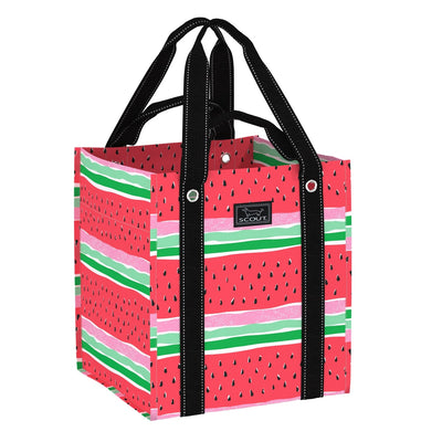 Market Tote Bagette in Melondramatic pattern with reinforced bottom, dual straps, holds 75 lbs, perfect for groceries and daily use.