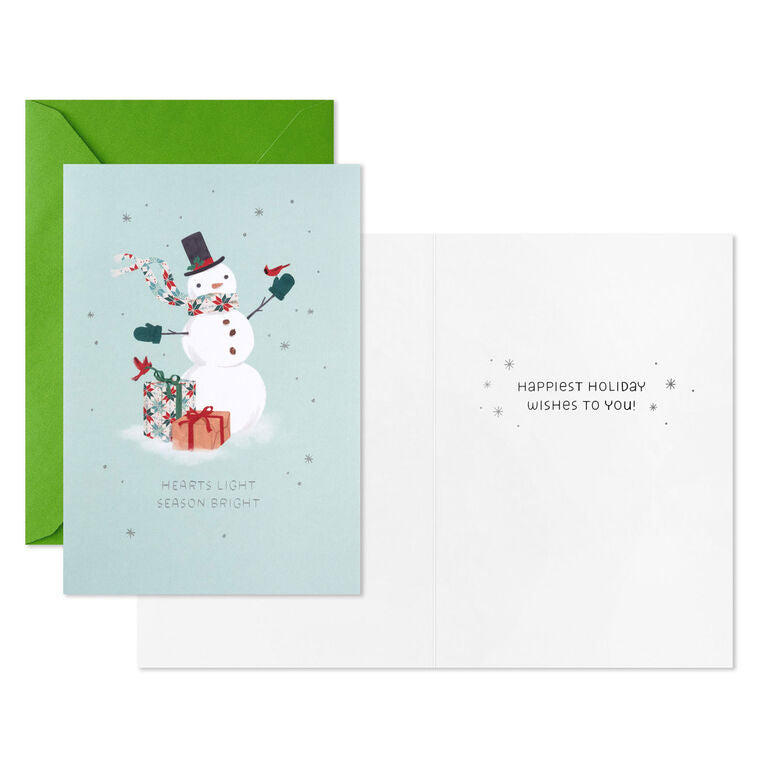 Festive Snowman on Green Packaged Christmas Cards, Set of 5