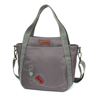 Venture Mini Carryall Pawprint Chala Pal design with antique brass embellishments, RFID credit card slots, dual-sided design, and adjustable shoulder straps.