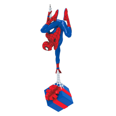 Spider-Man ornament, Marvel hero in red and blue suit, upside down, holding gift, Hallmark Keepsake Christmas decoration.