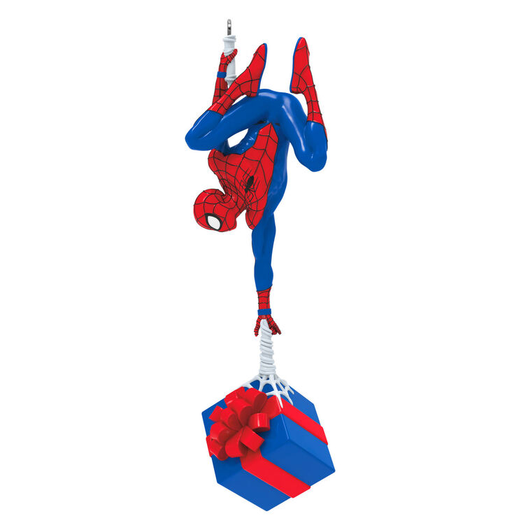 Spider-Man ornament, Marvel hero in red and blue suit, upside down, holding gift, Hallmark Keepsake Christmas decoration.
