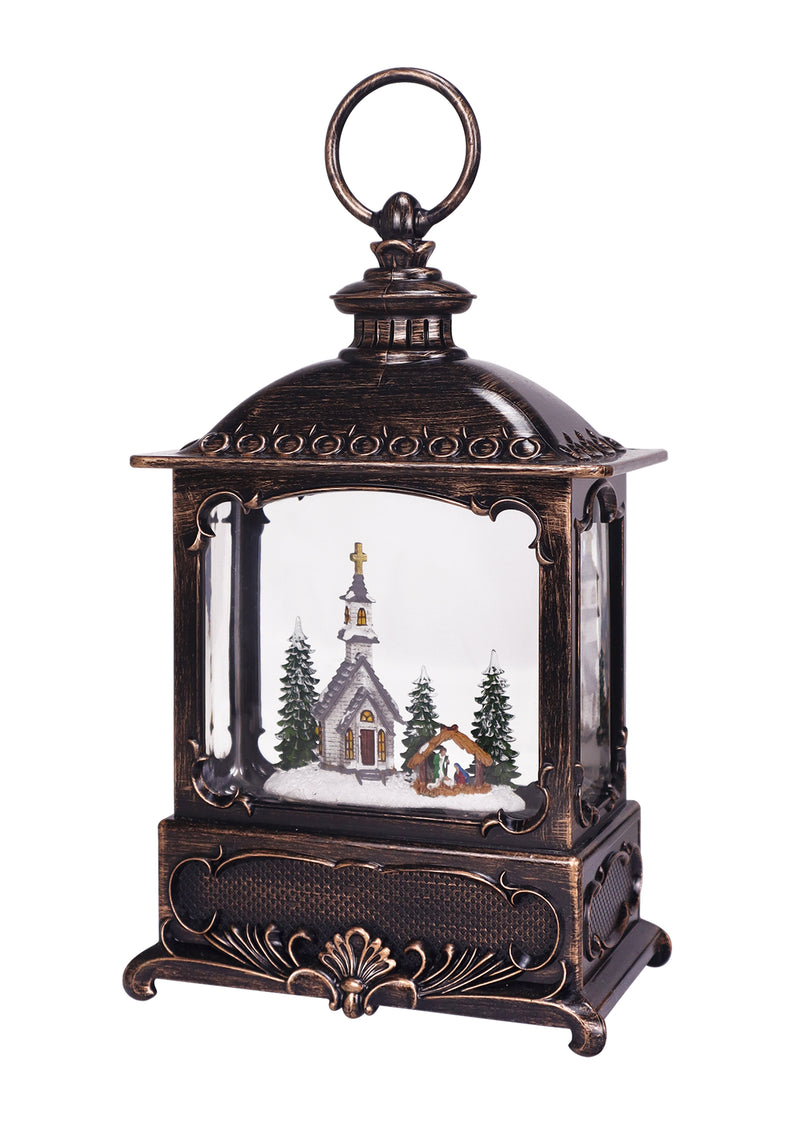 Nativity & Church Scene Glitter Lantern 10"