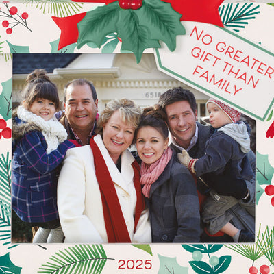 2025 Christmas photo frame ornament shaped like a wrapped gift box with festive bow and sweet message

