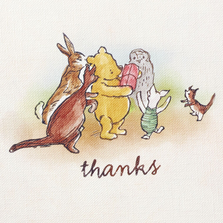 Blank thank-you notes featuring Winnie the Pooh and friends illustration, includes envelopes, linen-textured.
