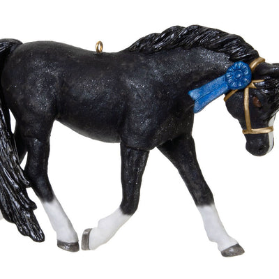 Glossy black Welsh Pony Christmas ornament with white socks and blaze, posed in extended trot, equestrian gift

