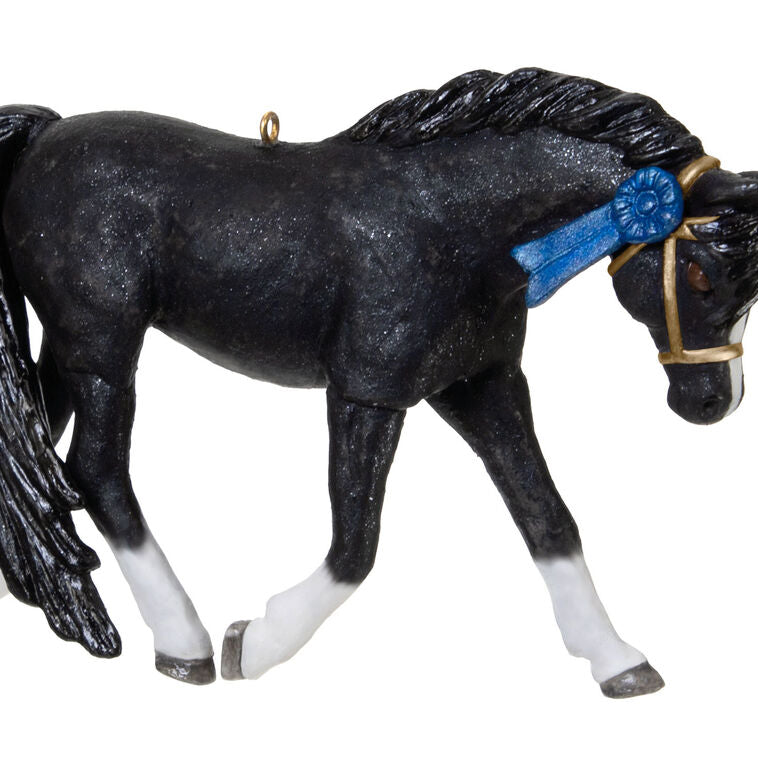 Glossy black Welsh Pony Christmas ornament with white socks and blaze, posed in extended trot, equestrian gift

