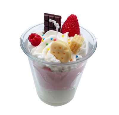 Opportunities 10 oz strawberry dessert candle with whipped topping design, sweet fragrance, and a charming decorative jar.