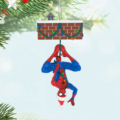 Spider-Man Peekbuster ornament, Marvel hero hanging upside down, motion-activated sound, Hallmark Keepsake, Christmas tree decoration.