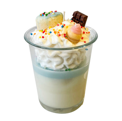 Opportunities Happy Birthday Dessert Candle in 10 oz jar with layered cake scent and colorful sprinkle-topped wax.