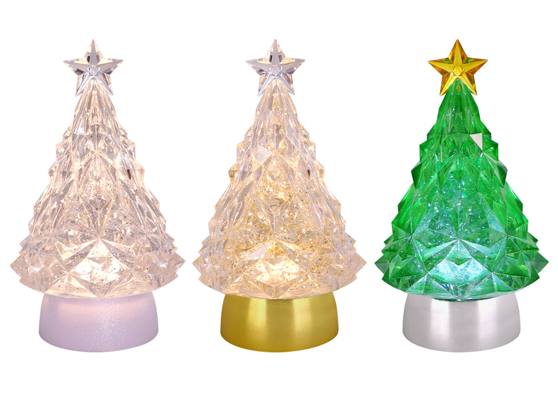 Assorted glittering LED Christmas trees with gold, white, and silver bases and star toppers.
