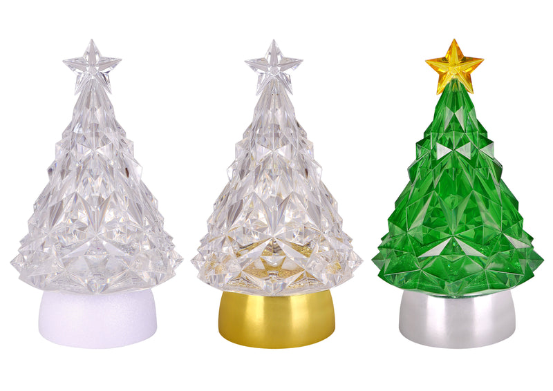 Assorted glittering LED Christmas trees with gold, white, and silver bases and star toppers.
