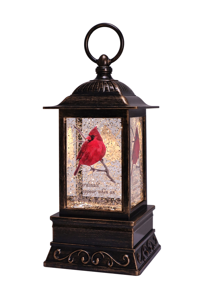 Bronze lantern with cardinal perched on branch, bereavement quote, glitter, and soft LED light.
