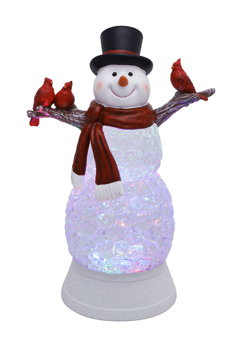 Snowman with black top hat, scarf, and cardinals on arms, glittery body with light-up glow.
