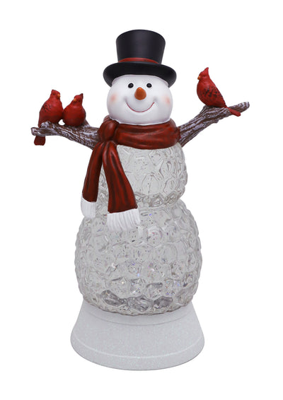 Snowman with black top hat, scarf, and cardinals on arms, glittery body with light-up glow.
