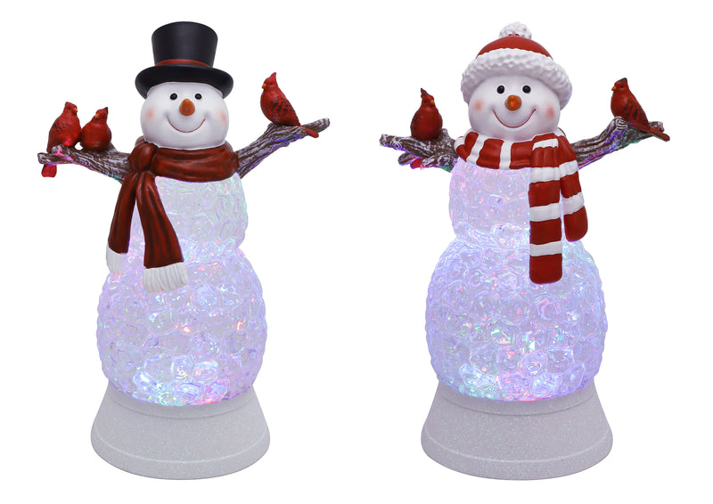 Snowman with black top hat, scarf, and cardinals on arms, glittery body with light-up glow.
