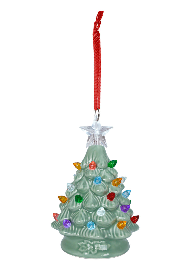 Pearlized green ceramic tree ornament with multicolor lights and red ribbon hanger.