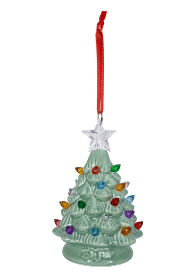 Pearlized green ceramic tree ornament with multicolor lights and red ribbon hanger.
