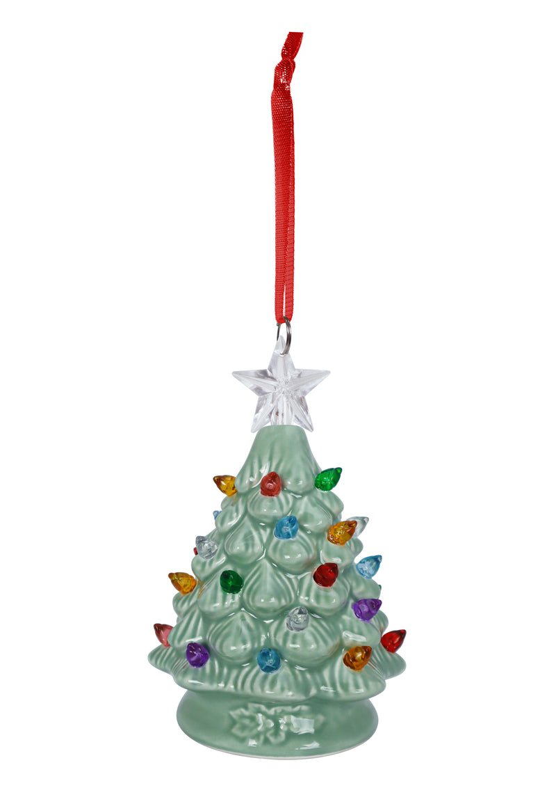 Pearlized green ceramic tree ornament with multicolor lights and red ribbon hanger.
