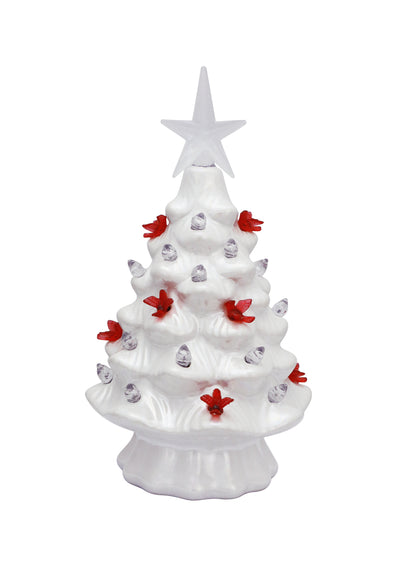 White iridescent ceramic LED Christmas tree with red cardinal accents and soft glowing light.