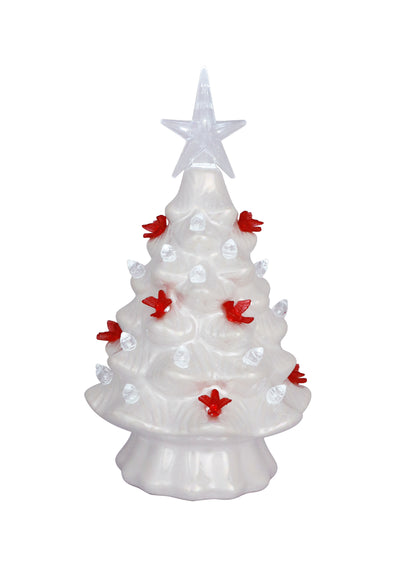 White iridescent ceramic LED Christmas tree with red cardinal accents and soft glowing light.