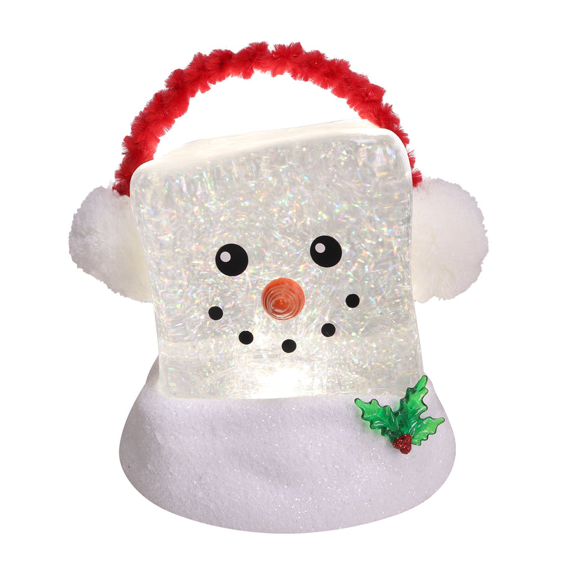 Light-up snowman face with earmuffs, carrot nose, glittery ice cube body, and festive holly.
