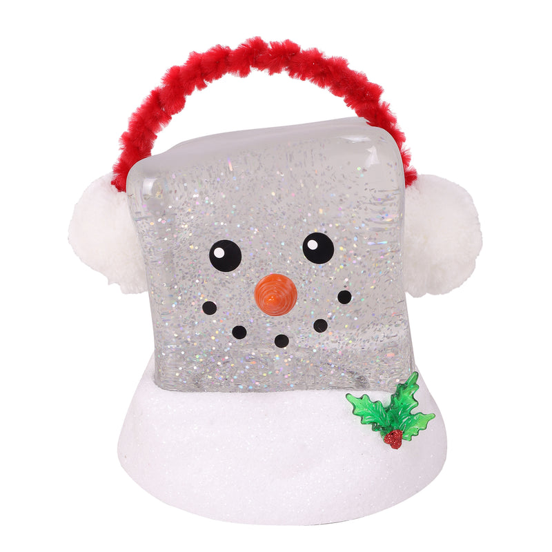 Light-up snowman face with earmuffs, carrot nose, glittery ice cube body, and festive holly.

