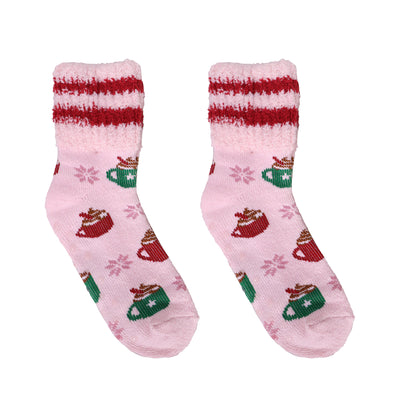 Assorted fuzzy socks in pink, teal, and neutral tones with cocoa mugs and snowflake patterns.